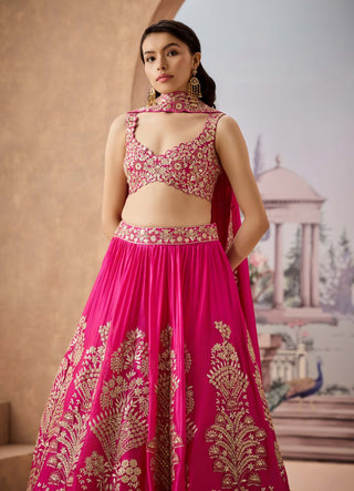 Fuchsia Mughul Motif Lehenga Set by Aneesh Agarwaal available on Indiaspopup.com