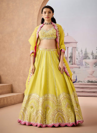 Lime Yellow Silk Embroidered Lehenga Set by Aneesh Agarwaal available on Indiaspopup.com