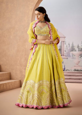 Lime Yellow Silk Embroidered Lehenga Set by Aneesh Agarwaal available on Indiaspopup.com