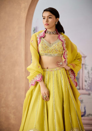 Lime Yellow Silk Embroidered Lehenga Set by Aneesh Agarwaal available on Indiaspopup.com