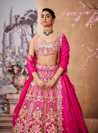 Fuchsia Pink Patterned Lehenga Set by Aneesh Agarwaal available on Indiaspopup.com