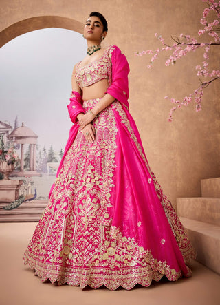 Fuchsia Pink Patterned Lehenga Set by Aneesh Agarwaal available on Indiaspopup.com