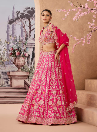 Fuchsia Pink Fully Embroidered Lehenga Set by Aneesh Agarwaal available on Indiaspopup.com