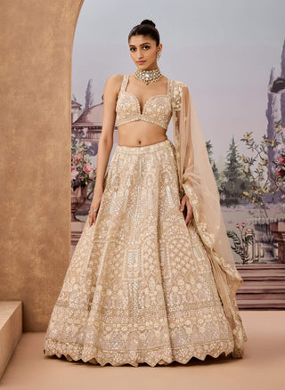 Beige Cream Embroidery Lehenga Set by Aneesh Agarwaal available on Indiaspopup.com