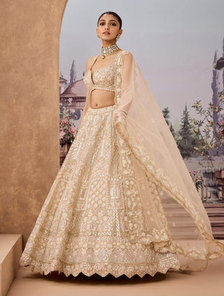 Beige Cream Embroidery Lehenga Set by Aneesh Agarwaal available on Indiaspopup.com