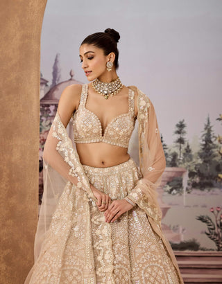 Beige Cream Embroidery Lehenga Set by Aneesh Agarwaal available on Indiaspopup.com