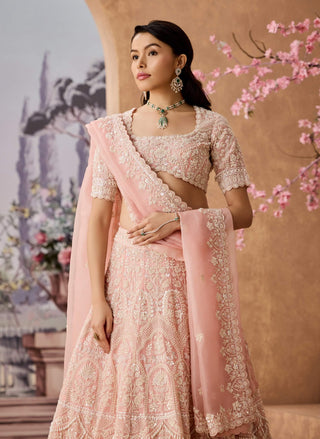 Delicate Peach Embroidered Lehenga Set by Aneesh Agarwaal available on Indiaspopup.com