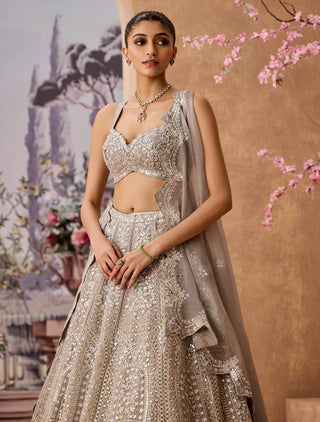 Gray Heavy Dome Lehenga Set by Aneesh Agarwaal available on Indiaspopup.com