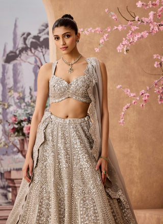 Gray Heavy Dome Lehenga Set by Aneesh Agarwaal available on Indiaspopup.com