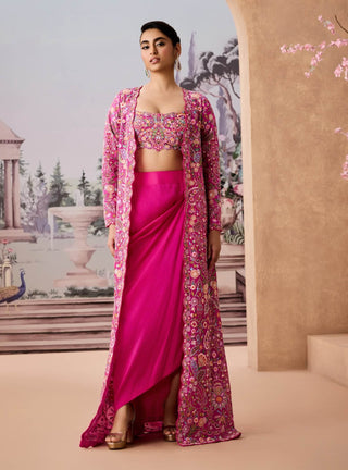 Rani pink embroidered jacket and dhoti skirt set