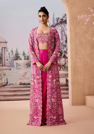 Rani Pink Embroidered Jacket And Dhoti Skirt Set by Aneesh Agarwaal available on Indiaspopup.com