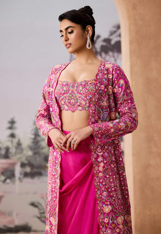 Rani Pink Embroidered Jacket And Dhoti Skirt Set by Aneesh Agarwaal available on Indiaspopup.com