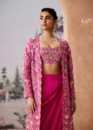 Rani Pink Embroidered Jacket And Dhoti Skirt Set by Aneesh Agarwaal available on Indiaspopup.com