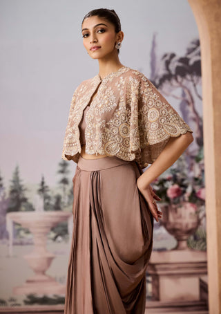 Gold Embroidered Cape And Dhoti Skirt Set by Aneesh Agarwaal available on Indiaspopup.com