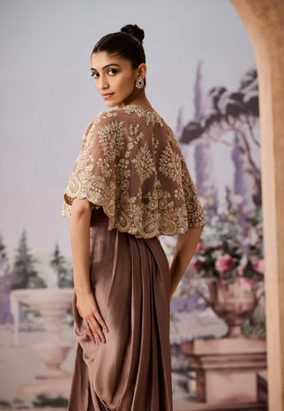 Gold Embroidered Cape And Dhoti Skirt Set by Aneesh Agarwaal available on Indiaspopup.com