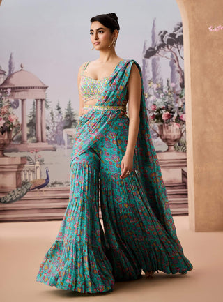 Turquoise Blue Chintz Printed Sharara Sari Set by Aneesh Agarwaal available on Indiaspopup.com