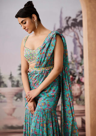 Turquoise Blue Chintz Printed Sharara Sari Set by Aneesh Agarwaal available on Indiaspopup.com