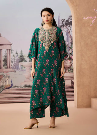 Green crepe silk kaftan and pants