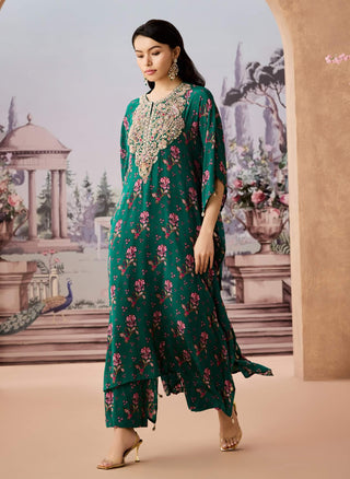 Green Crepe Silk Kaftan And Pants by Aneesh Agarwaal available on Indiaspopup.com