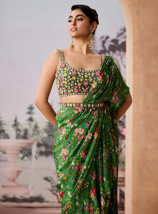 Green chintz printed sari set