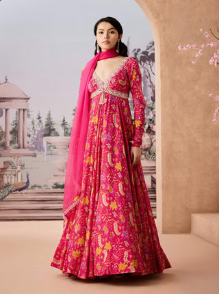 Fuchsia Pink Chintz Printed Anarkali And Dupatta by Aneesh Agarwaal available on Indiaspopup.com