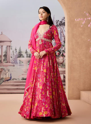 Fuchsia Pink Chintz Printed Anarkali And Dupatta by Aneesh Agarwaal available on Indiaspopup.com