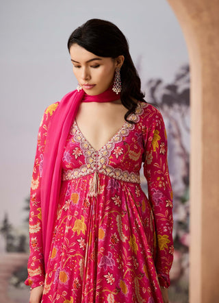 Fuchsia Pink Chintz Printed Anarkali And Dupatta by Aneesh Agarwaal available on Indiaspopup.com