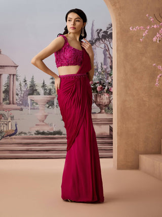 Magenta satin chiffon pre-draped sari set