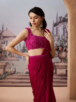 Magenta satin chiffon pre-draped sari set