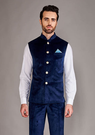 Arjun Kilachand-Navy Blue Velvet Bundi And Shirt-INDIASPOPUP.COM