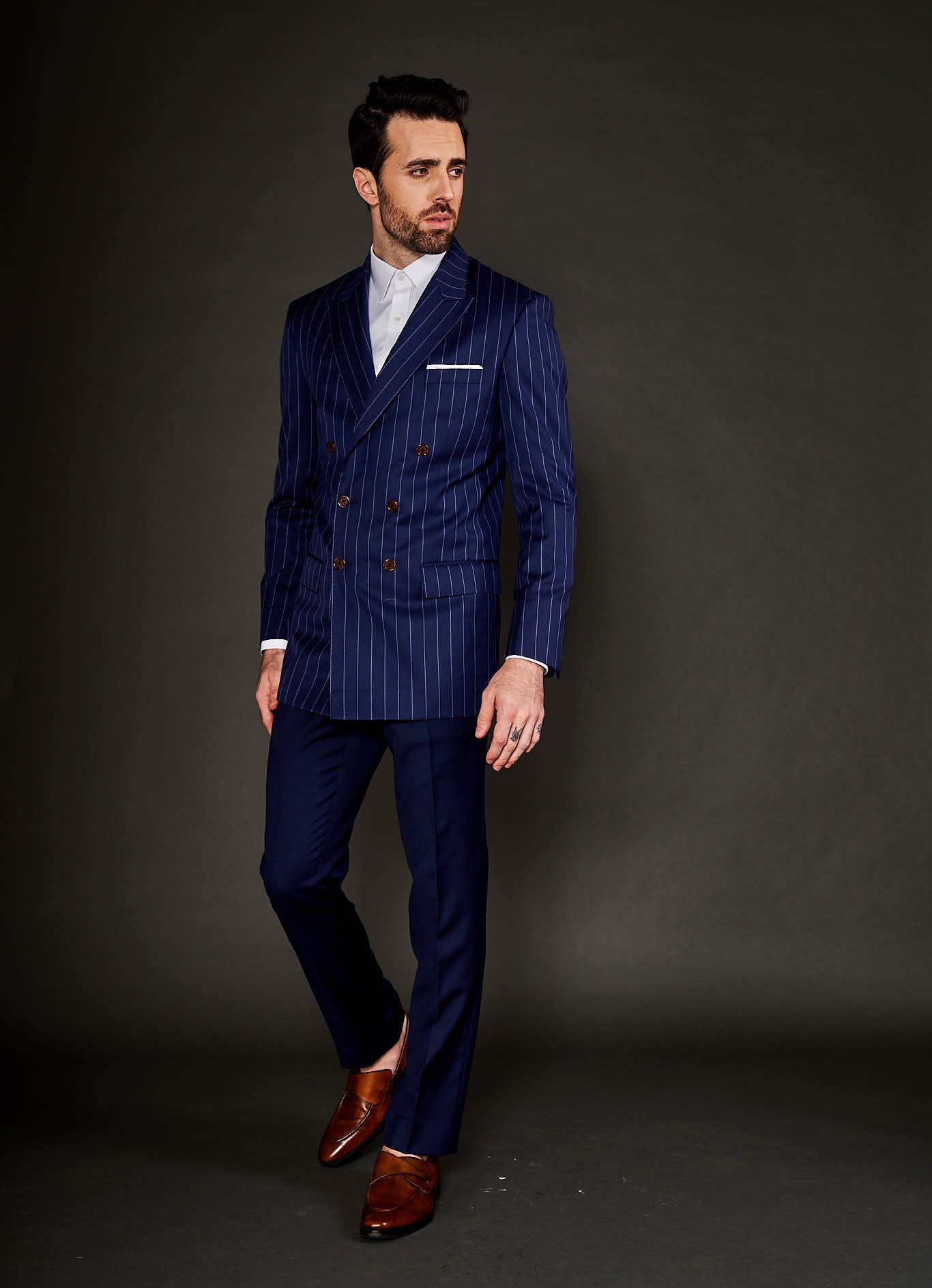 Navy blue stripe double breasted suit and trousers XS