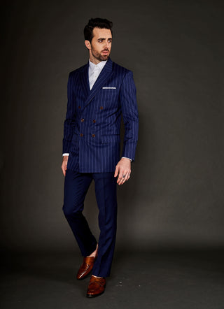 Arjun Kilachand-Navy Blue Stripe Double Breasted Suit And Trousers-INDIASPOPUP.COM