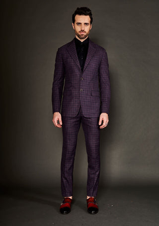 Arjun Kilachand-Maroon Checks Notch Lapel Suit And Trousers-INDIASPOPUP.COM