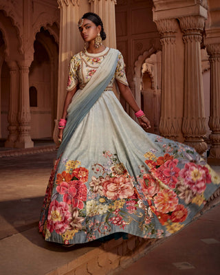 Manya Blue Printed Anarkali And Dupatta by Kalista, available on Indiaspopup.com