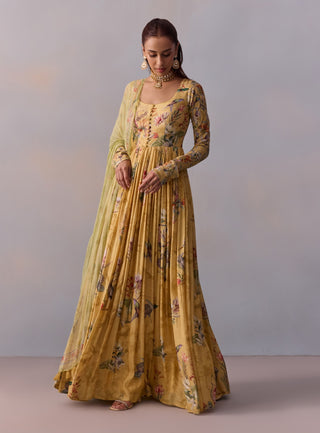 Pavika Lemon Yellow Anarkali And Dupatta by Kalista available on Indiaspopup.com