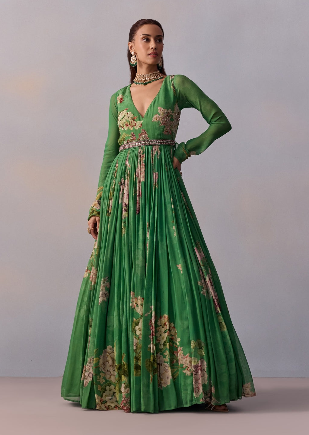 Kalista Maira Forest Green Anarkali And Belt | Indiaspopup.com