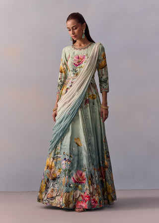 Sanaah Powder Blue Anarkali And Drape by Kalista available on Indiaspopup.com