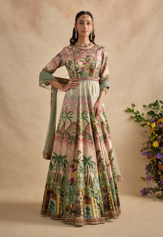 Shloka pastel pink and mint anarkali and dupatta