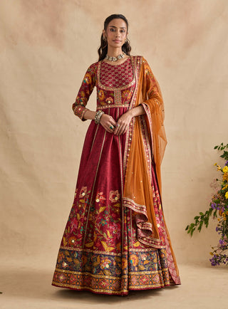 Elaya crimson red anarkali and dupatta