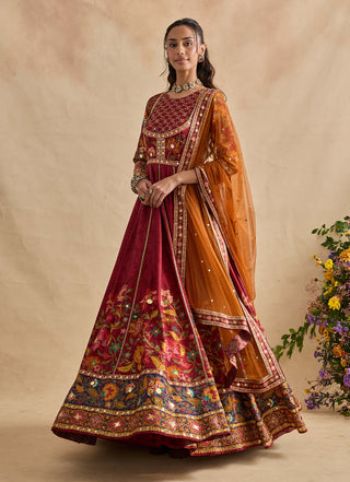 Elaya crimson red anarkali and dupatta