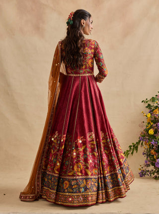 Elaya crimson red anarkali and dupatta