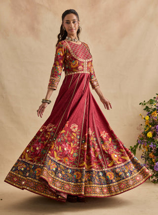 Elaya crimson red anarkali and dupatta