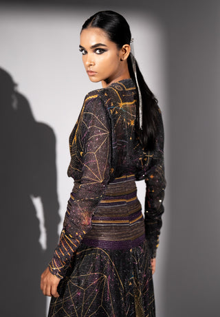 Purple placement print high-low dress
