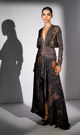 Purple placement print high-low dress