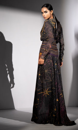 Purple placement print high-low dress