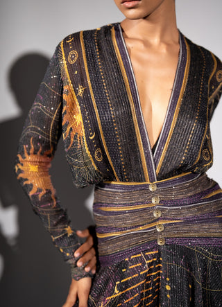 Purple placement print high-low dress