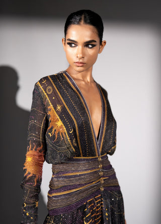 Purple placement print high-low dress