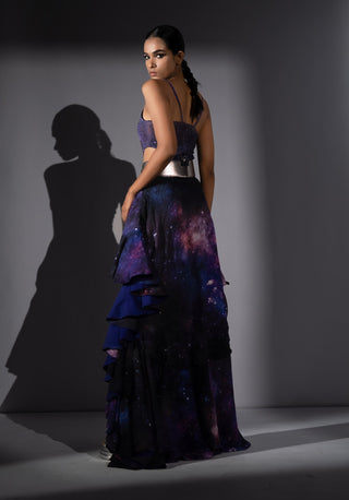 Purple galaxy cut-out swaroski bodysuit with skirt