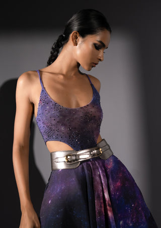 Purple galaxy cut-out swaroski bodysuit with skirt