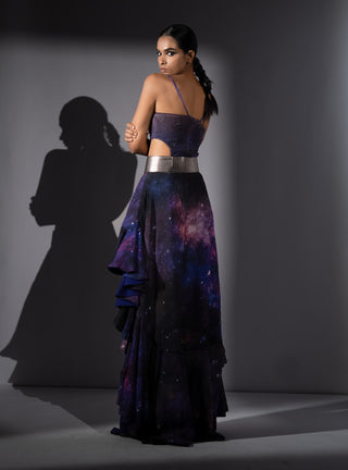 Purple galaxy cut-out swaroski bodysuit with skirt